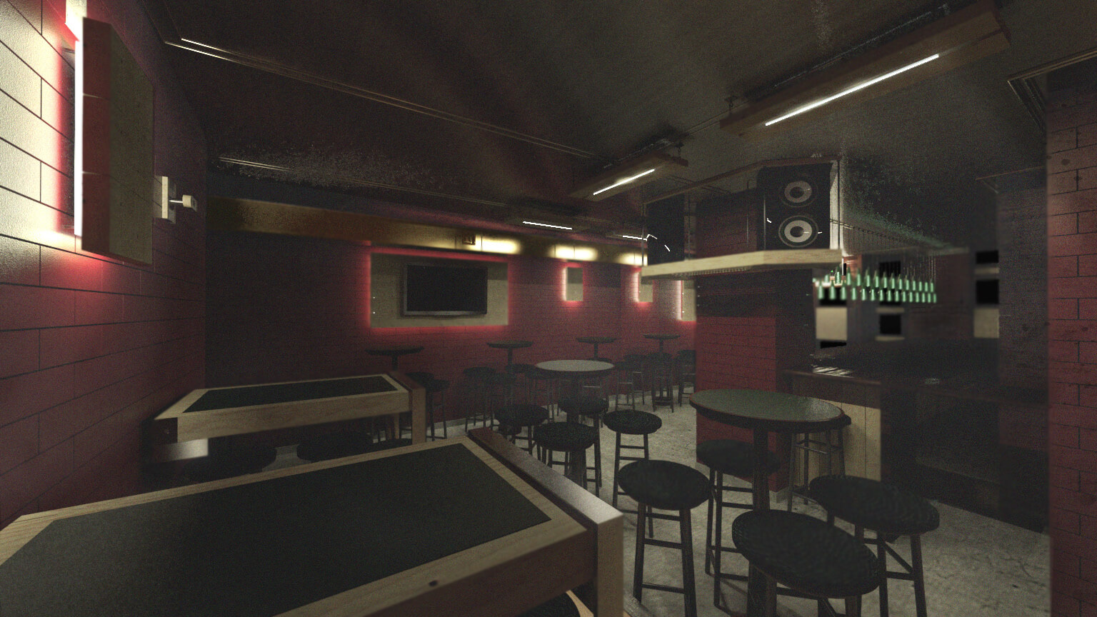Rendered view from the Interior of the pub showing the furniture, lighting, bar, and architectural layout design